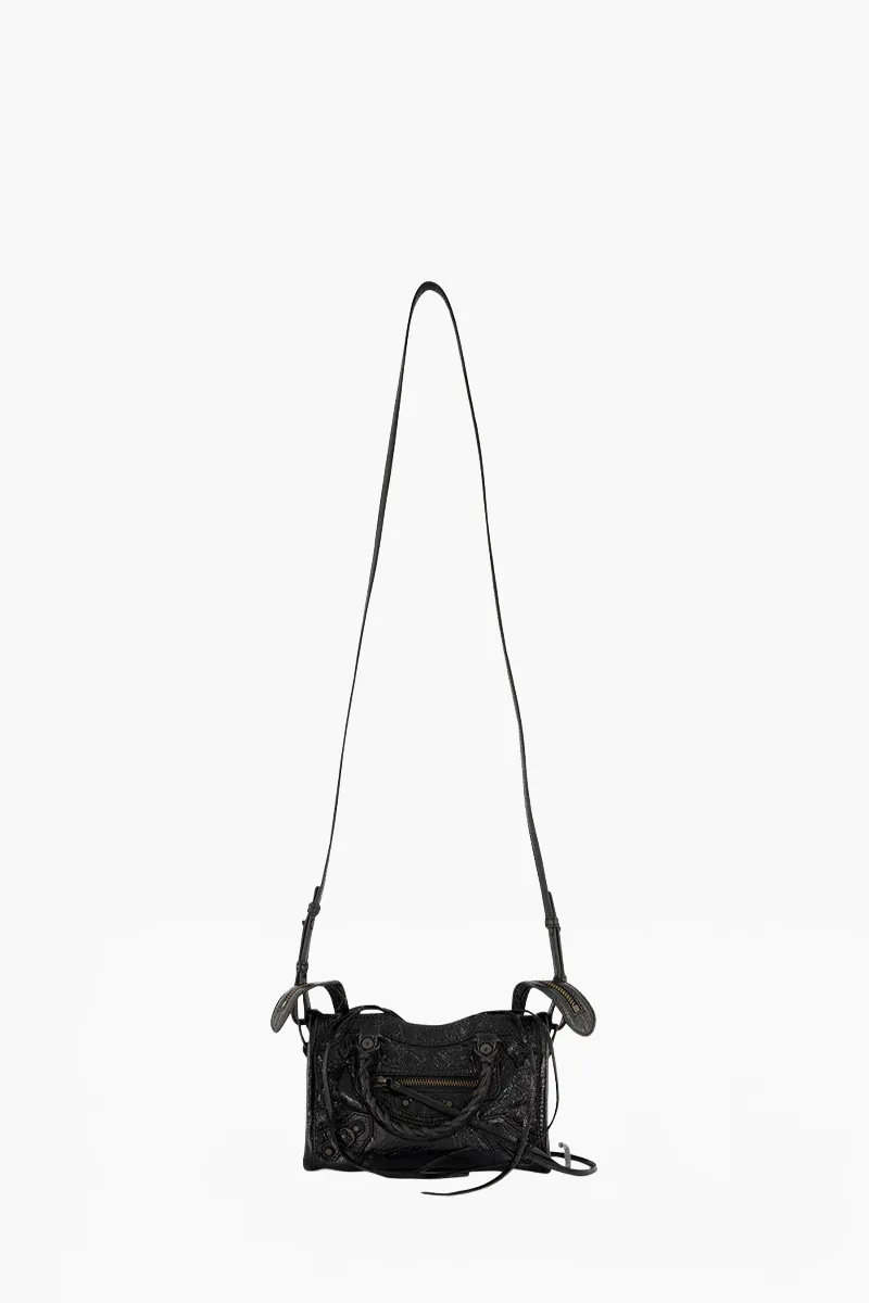 BALENCIAGA Nano Le City Shoulder Bag in Black Arena Lambskin BHW 1