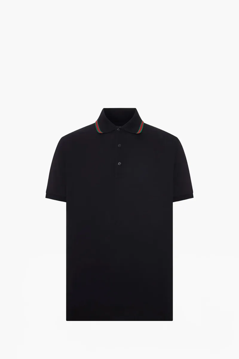 GUCCI Men Web On Collar Polo Shirt in Black Cotton Pique 0