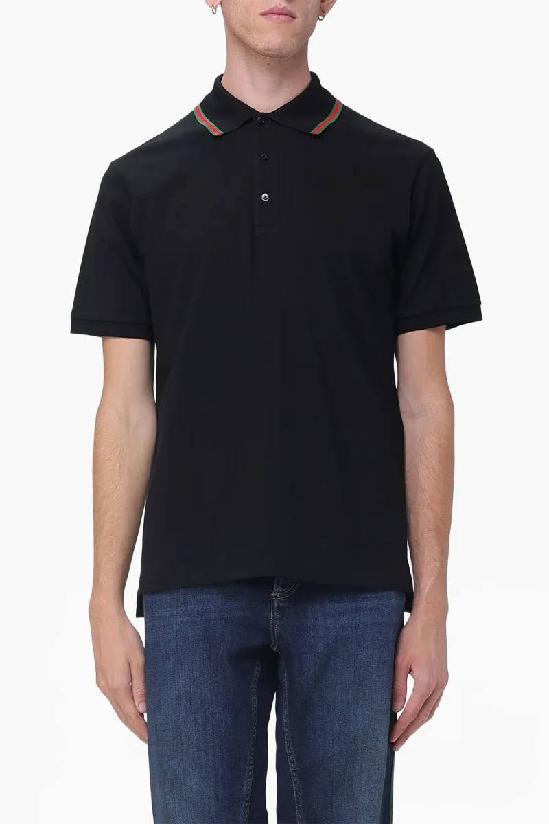 GUCCI Men Web On Collar Polo Shirt in Black Cotton Pique 2