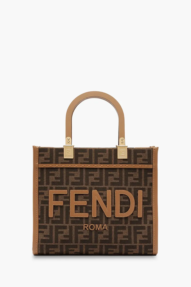 FENDI Small Sunshine Fendi Roma Shopper Bag in Brown/Sand Fabric with Jacquard FF Motif 0