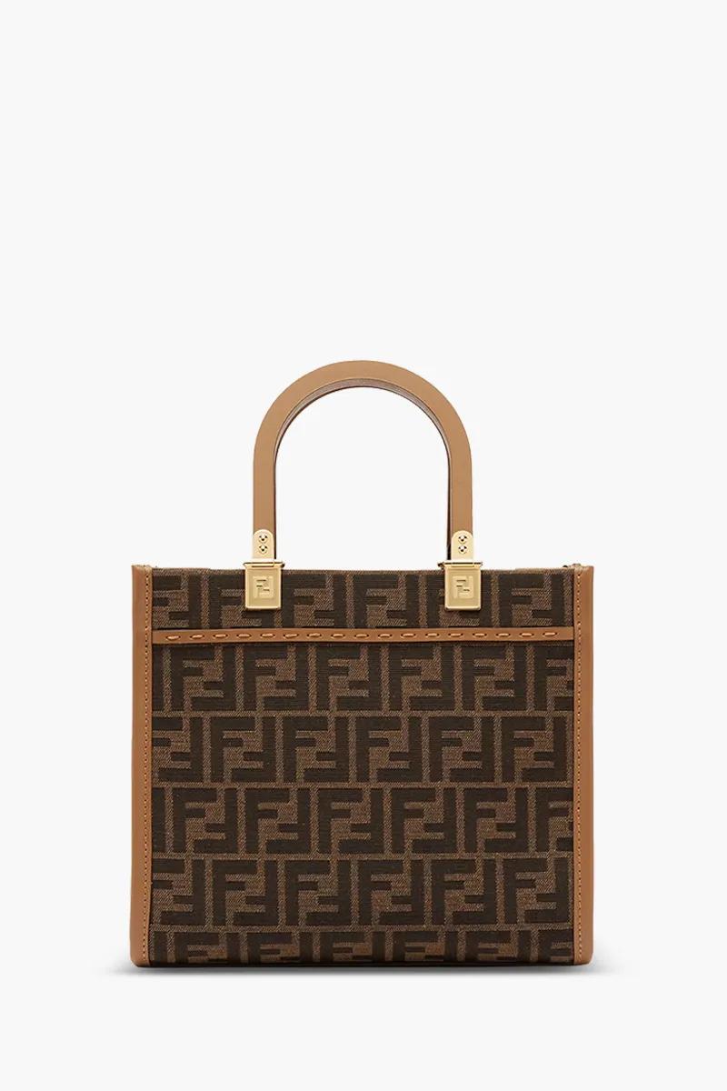 FENDI Small Sunshine Fendi Roma Shopper Bag in Brown/Sand Fabric with Jacquard FF Motif 1