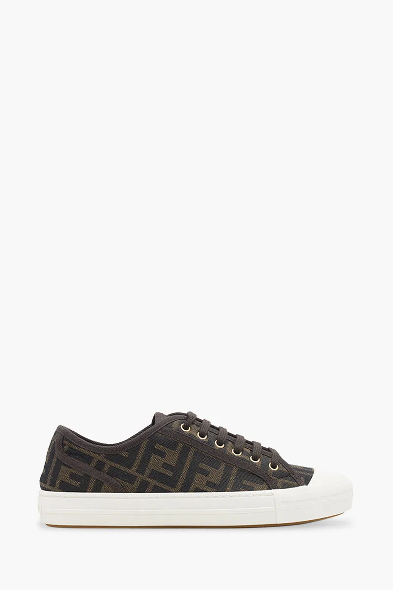FENDI Women Domino FF Motif Low Top Sneakers in Brown/Tobacco/White Fabric 0