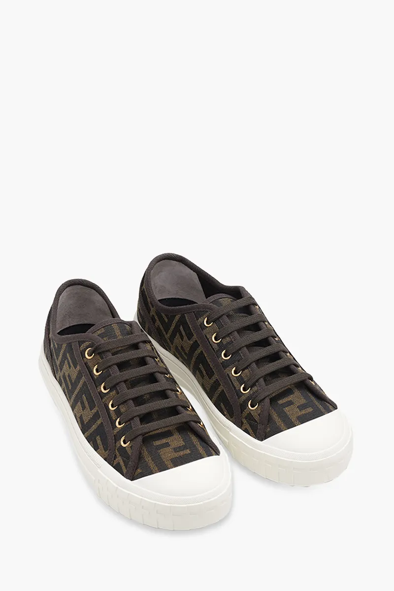 FENDI Women Domino FF Motif Low Top Sneakers in Brown/Tobacco/White Fabric 1
