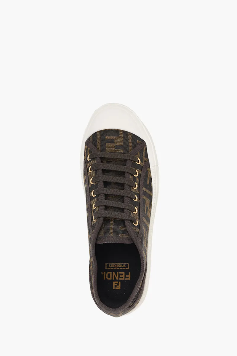 FENDI Women Domino FF Motif Low Top Sneakers in Brown/Tobacco/White Fabric 3