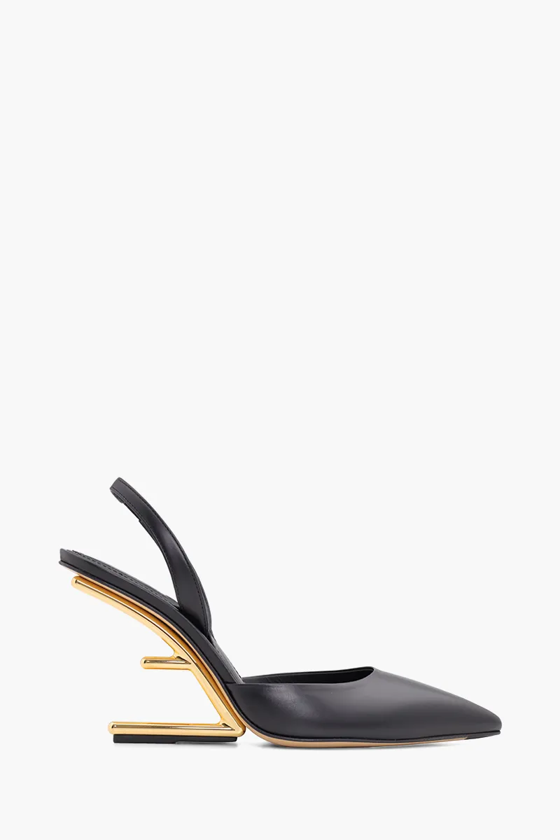FENDI Women First Slingback Pumps 95mm in Black Leather with Diagonal F-Shaped Heels 0