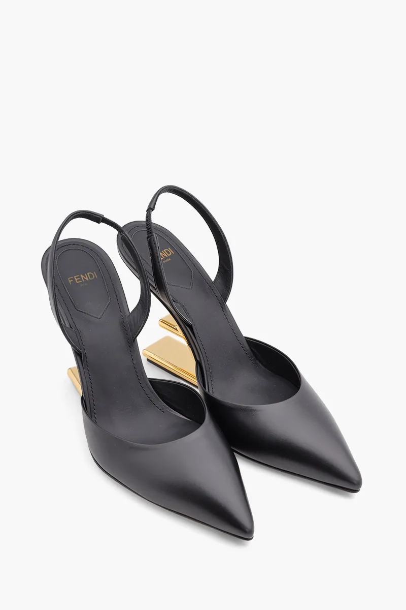 FENDI Women First Slingback Pumps 95mm in Black Leather with Diagonal F-Shaped Heels 1