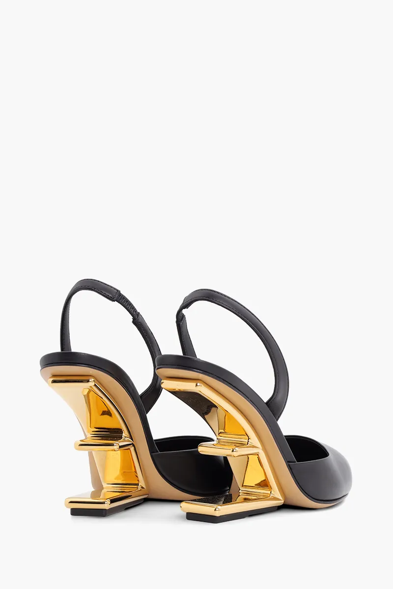 FENDI Women First Slingback Pumps 95mm in Black Leather with Diagonal F-Shaped Heels 2