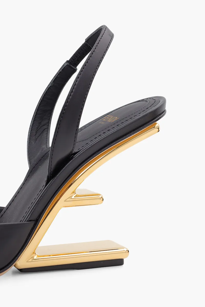 FENDI Women First Slingback Pumps 95mm in Black Leather with Diagonal F-Shaped Heels 4