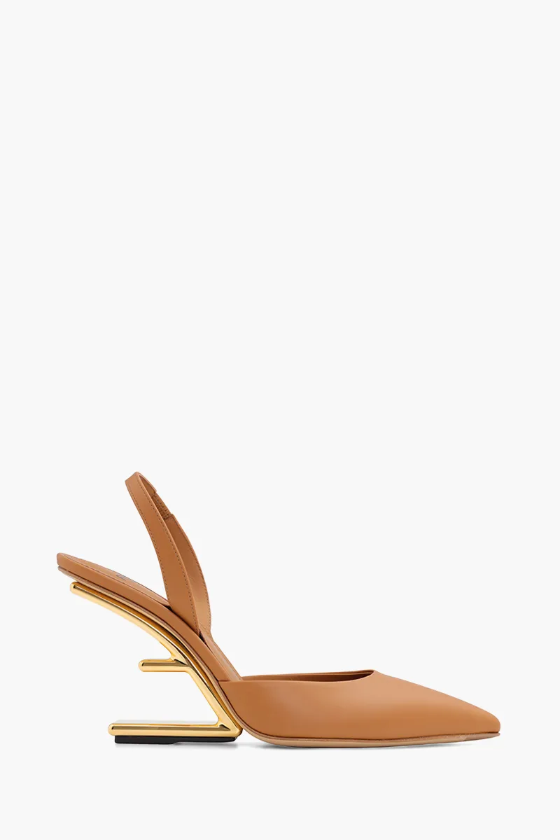 FENDI Women First Slingback Pumps 95mm in Brown Leather with Diagonal F-Shaped Heels 0
