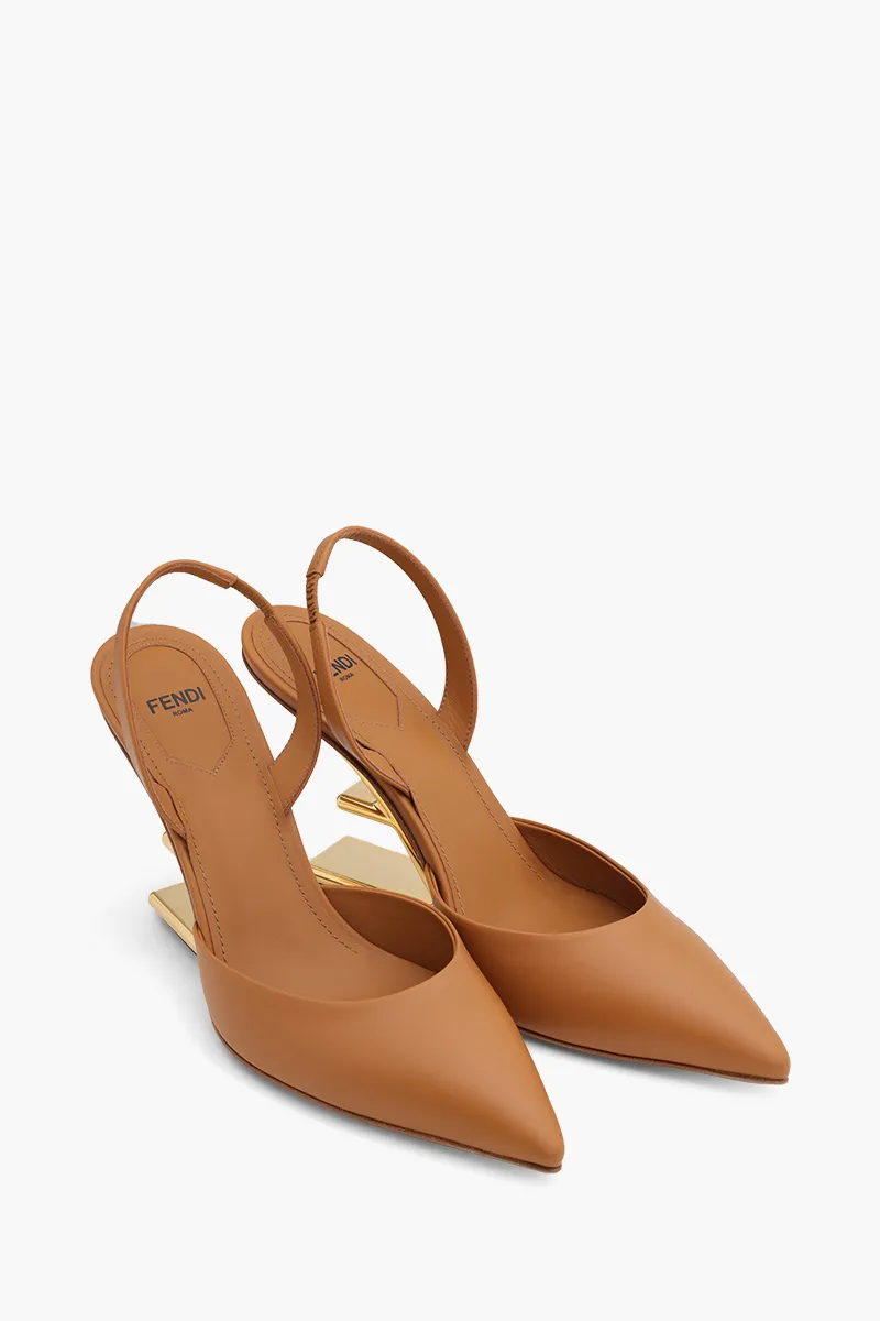 FENDI Women First Slingback Pumps 95mm in Brown Leather with Diagonal F-Shaped Heels 1