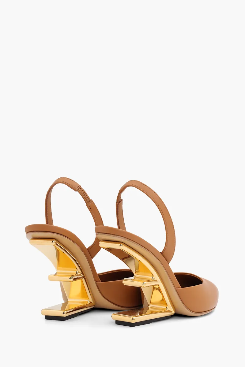 FENDI Women First Slingback Pumps 95mm in Brown Leather with Diagonal F-Shaped Heels 2