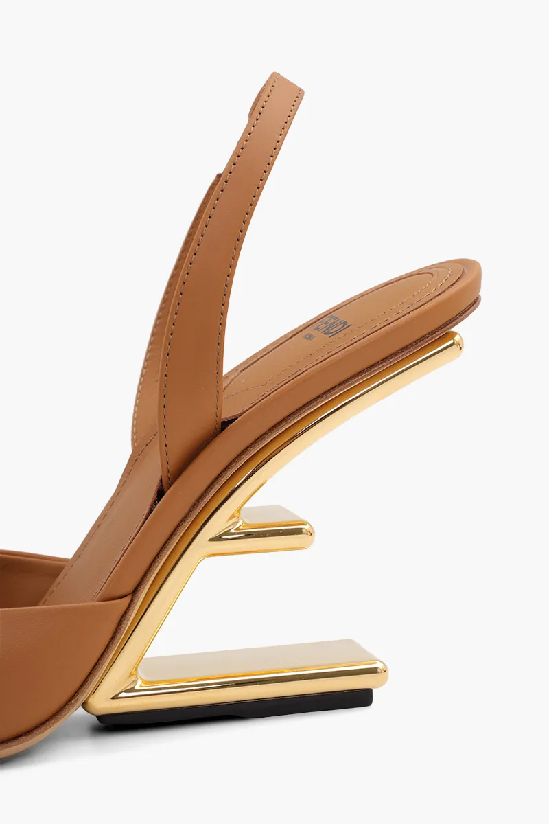 FENDI Women First Slingback Pumps 95mm in Brown Leather with Diagonal F-Shaped Heels 4