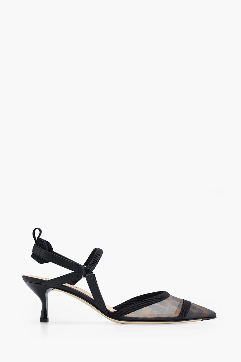 FENDI Women Colibri Lite Mesh Slingbacks Pumps 55mm in Black/Brown FF Logo Pattern 0