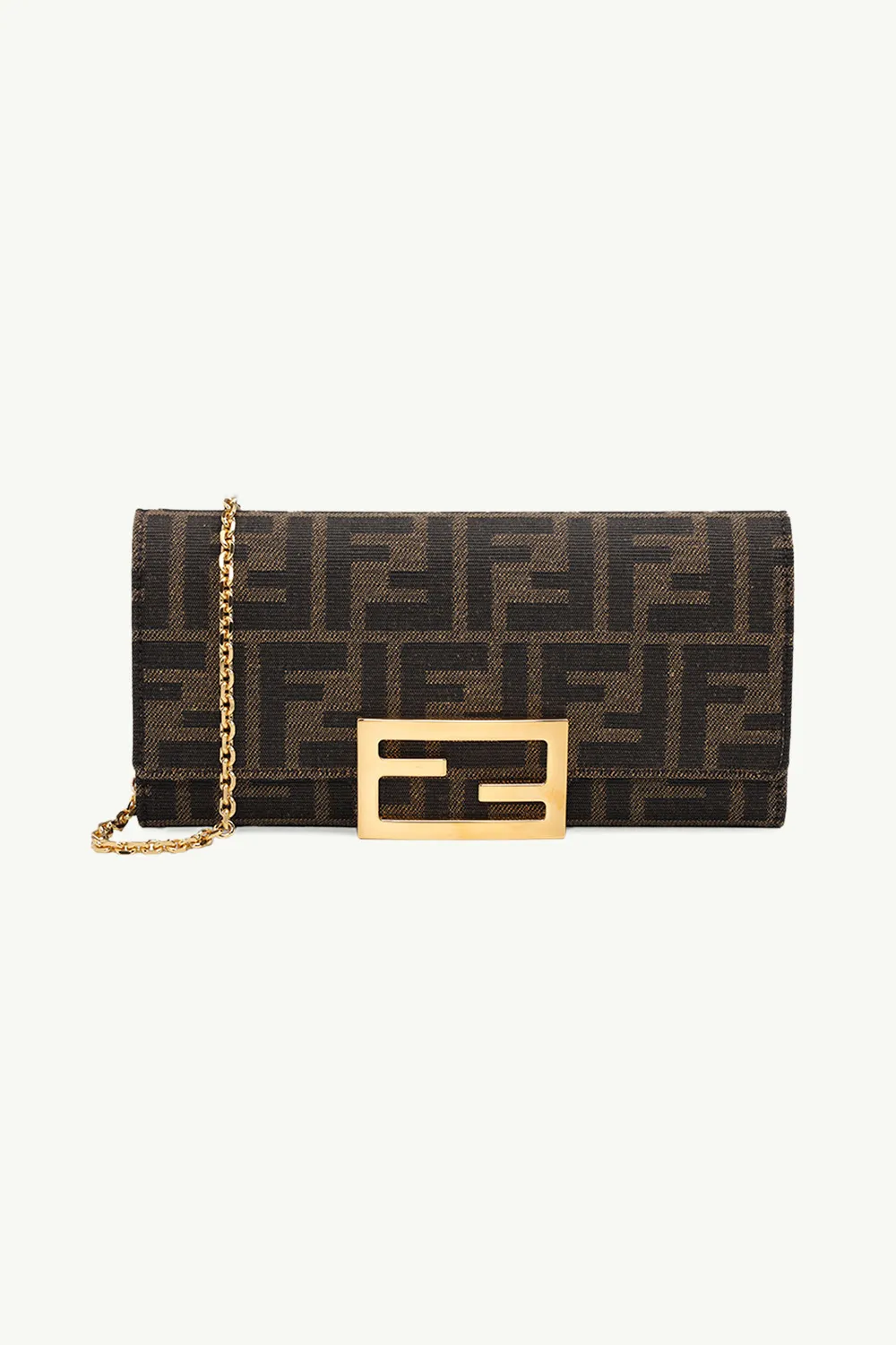FENDI Baguette Continental Wallet on Chain in Brown Fabric with FF Logo Pattern 0
