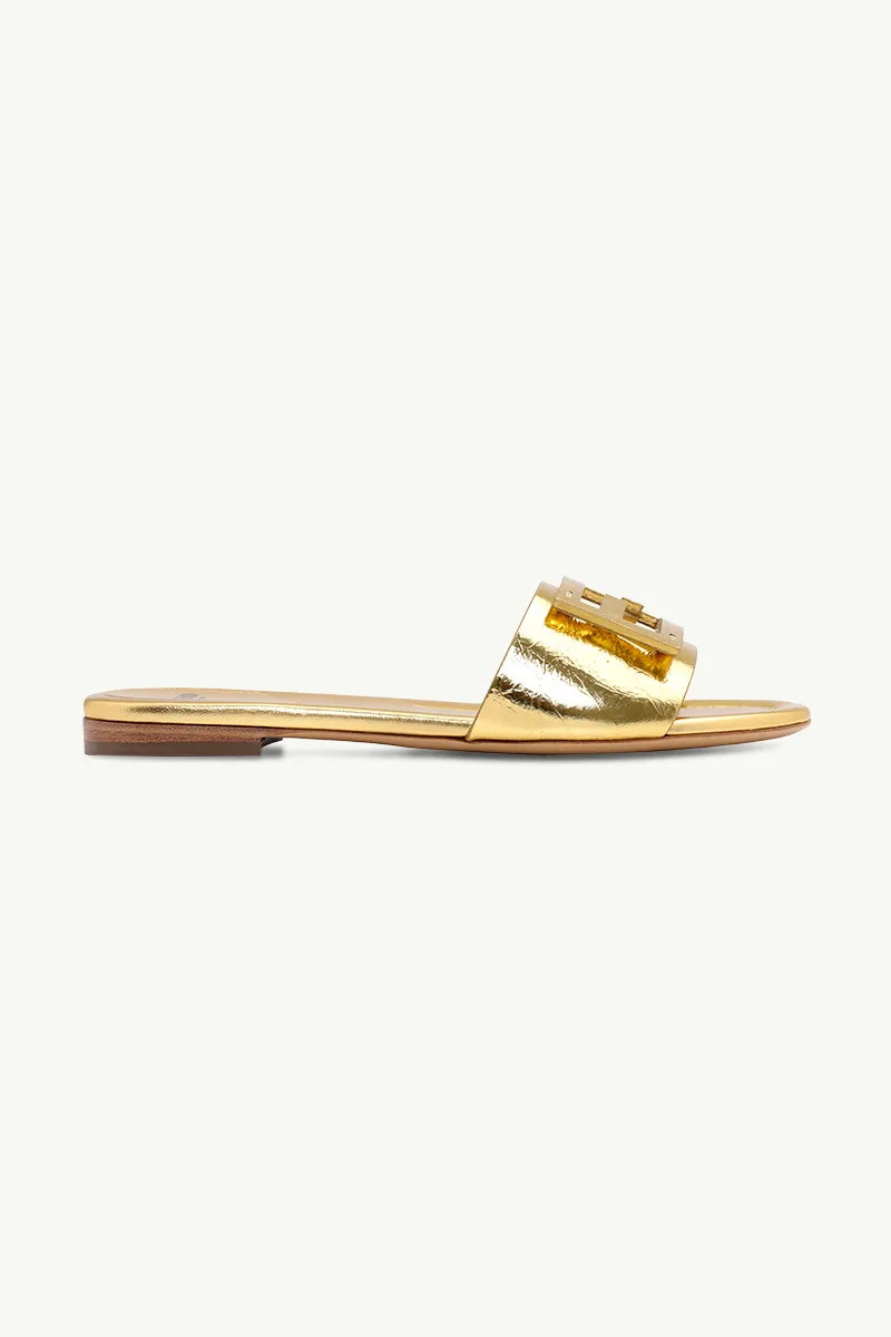 FENDI Women Siganture FF Baguette Slide Sandals in Gold Laminated Nappa Leather 0