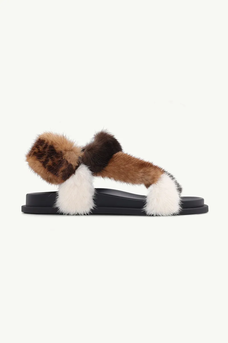 FENDI Women Feel Flat Sandals in Brown/Beige/White Mink with FF Ankle Strap 0
