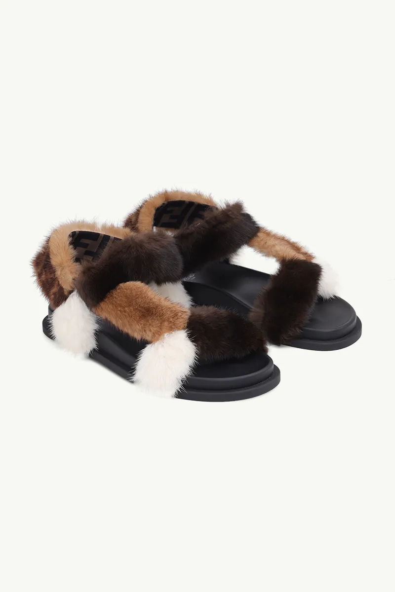 FENDI Women Feel Flat Sandals in Brown/Beige/White Mink with FF Ankle Strap 1