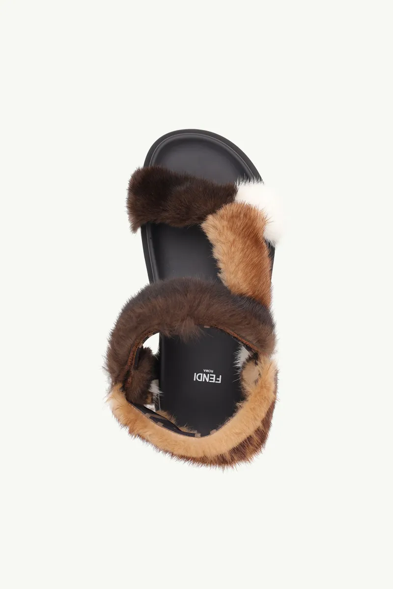 FENDI Women Feel Flat Sandals in Brown/Beige/White Mink with FF Ankle Strap 3