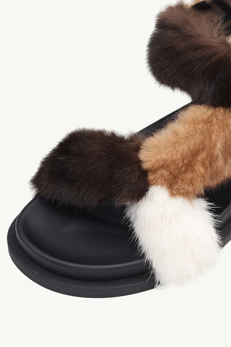 FENDI Women Feel Flat Sandals in Brown/Beige/White Mink with FF Ankle Strap 4