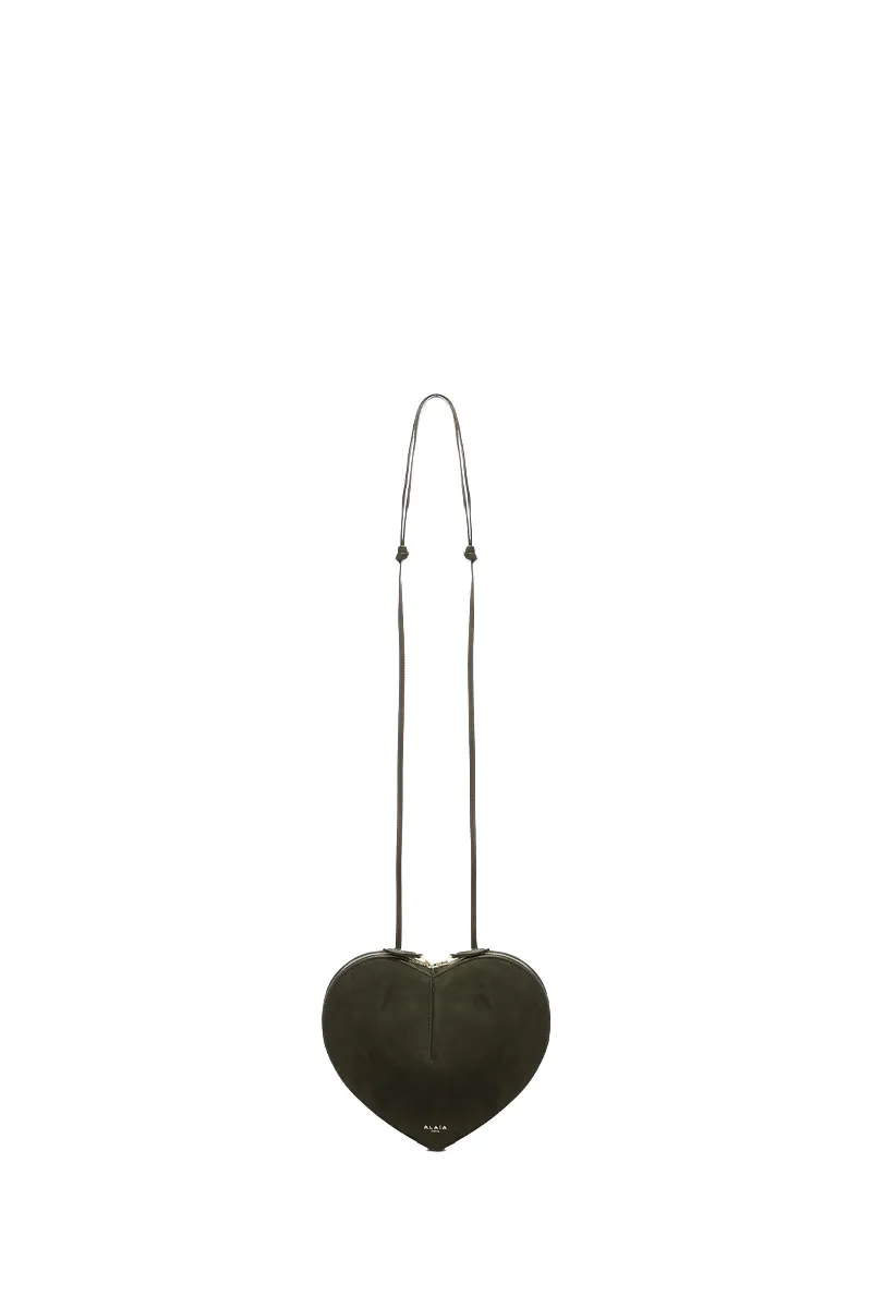 ALAIA Le Coeur Bi-Material Shoulder Bag in Olive Green Suede x Shiny Grained Goatskin 0