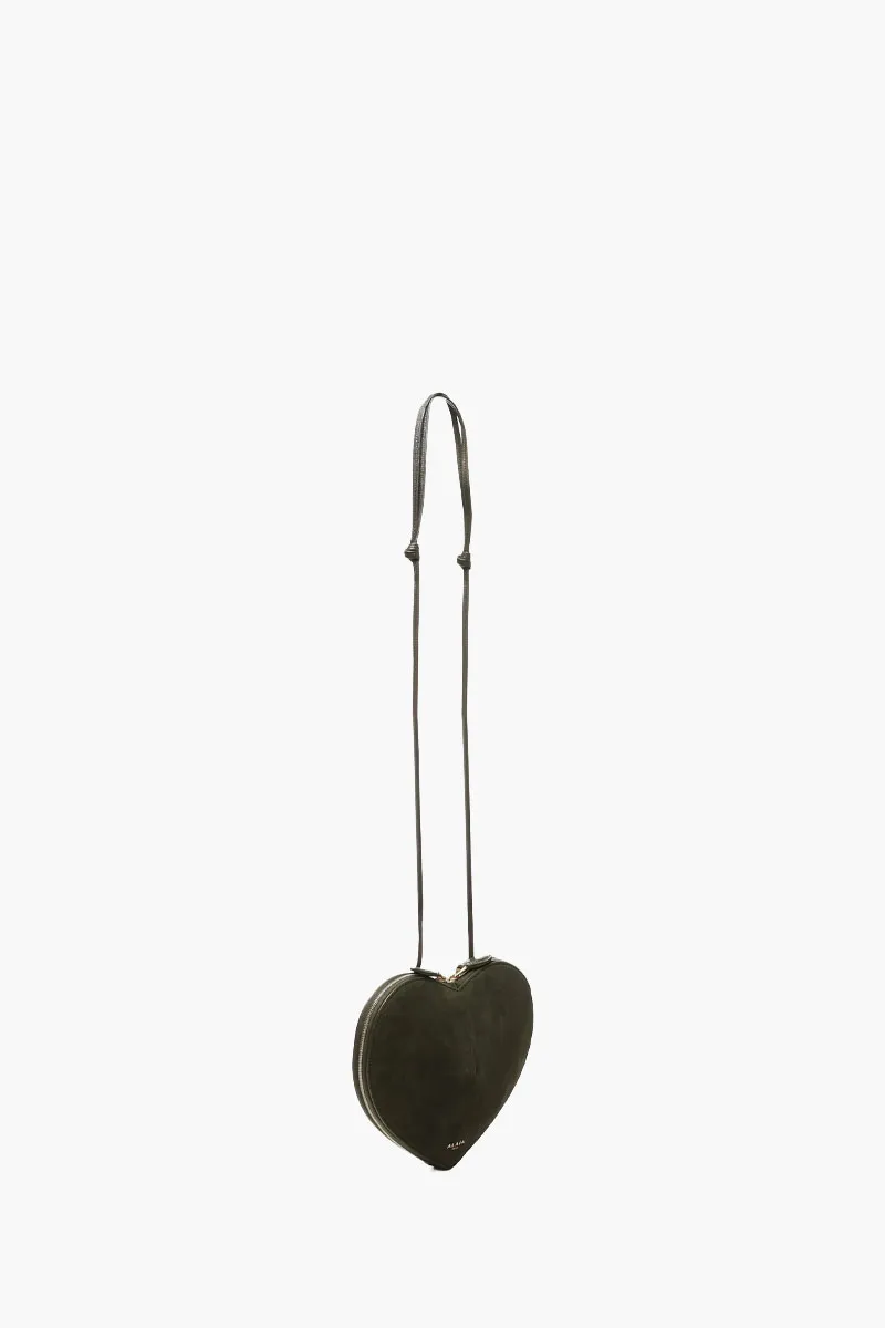 ALAIA Le Coeur Bi-Material Shoulder Bag in Olive Green Suede x Shiny Grained Goatskin 1