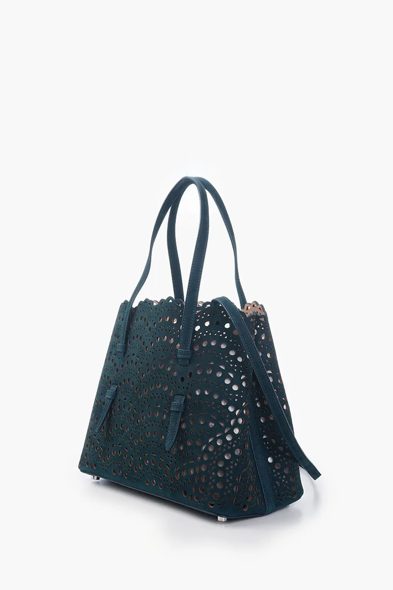 ALAIA Mina 25 Lasered Handbag in Peacock Blue Suede with Inner Pouch 1
