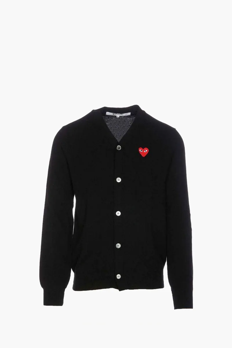 COMME DES GARCONS Men Play Logo Patch V Neck Cardigan in Black Wool 0