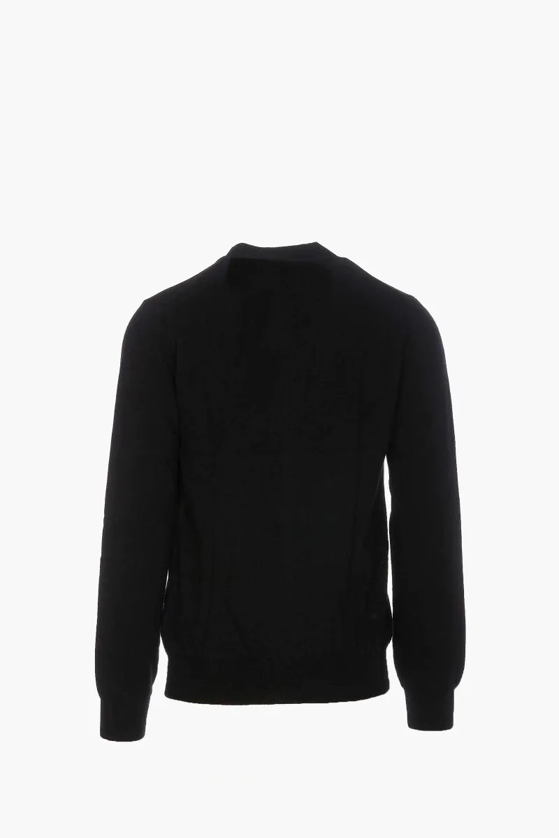 COMME DES GARCONS Men Play Logo Patch V Neck Cardigan in Black Wool 1