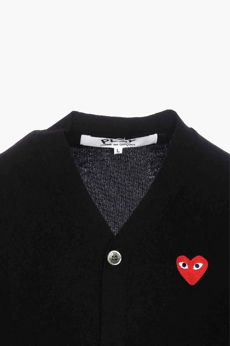 COMME DES GARCONS Men Play Logo Patch V Neck Cardigan in Black Wool 2