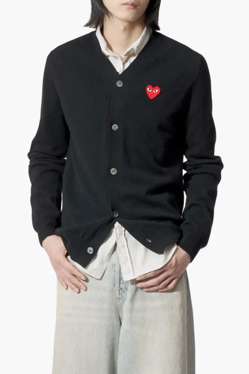 COMME DES GARCONS Men Play Logo Patch V Neck Cardigan in Black Wool 3
