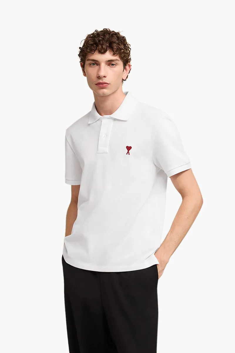 AMI Men Red Ami De Coeur Polo Shirt in White 1