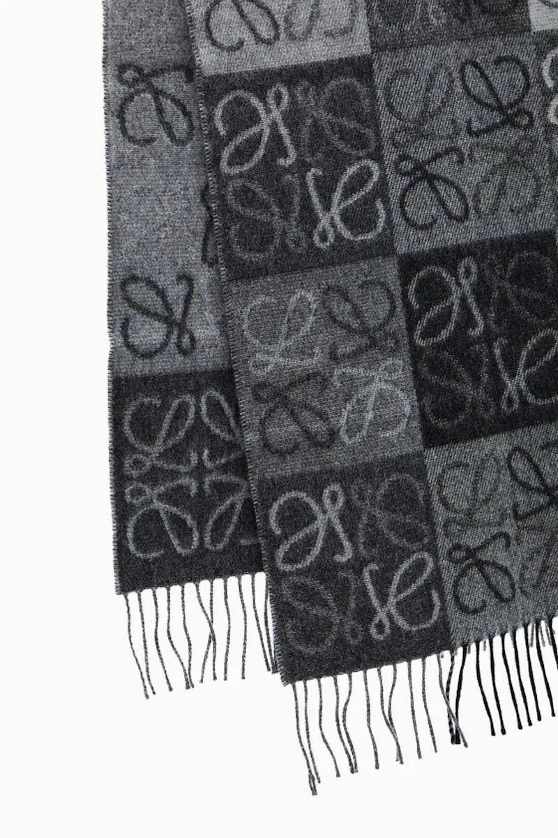 LOEWE Anagram Reversible Checkerboard Pattern Scarf in Black/White Wool and Cashmere 1