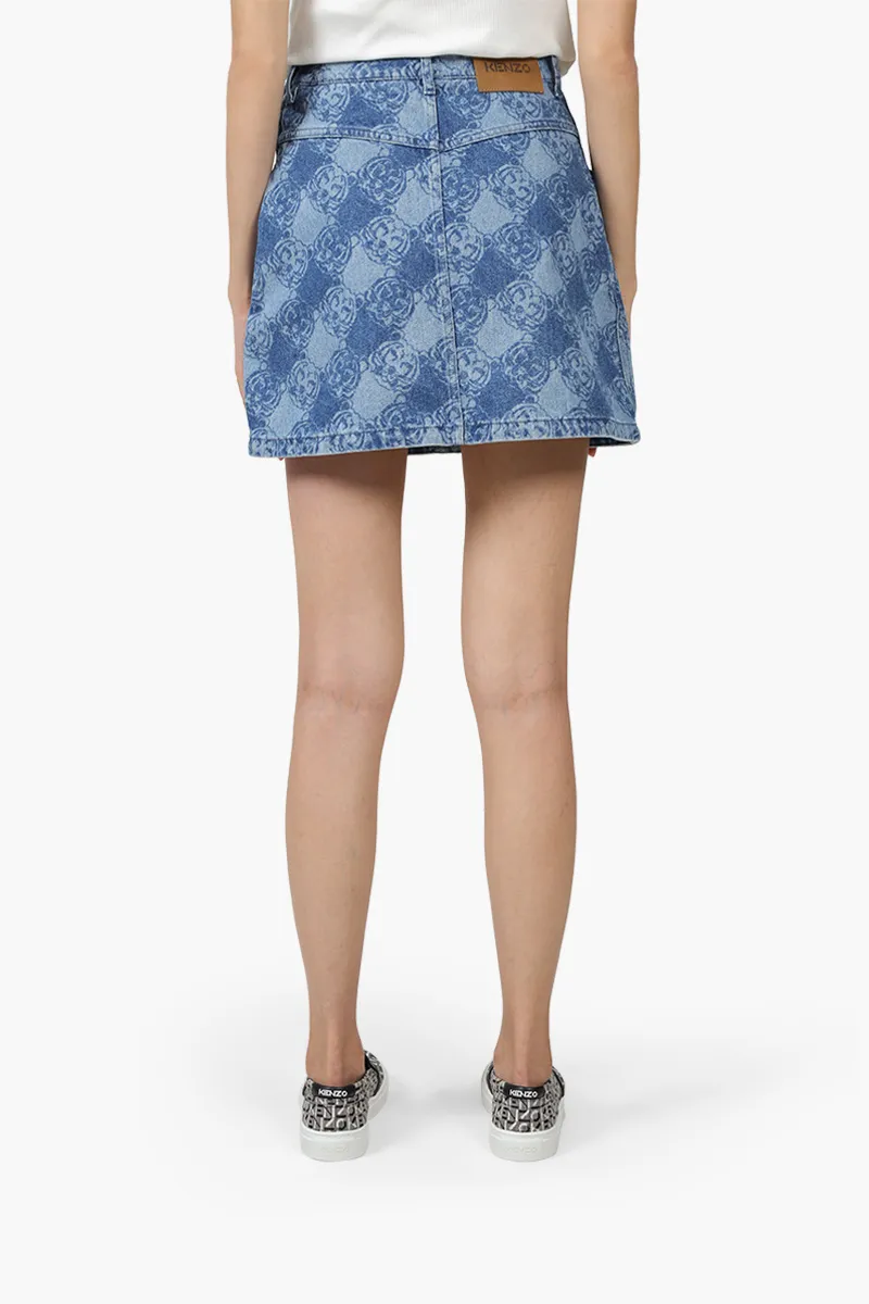 KENZO Women All Over K-Tiger Denim Monogram Miniskirt in Navy Blue 1