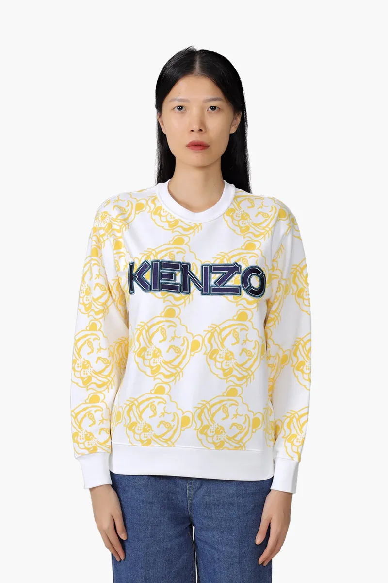 KENZO Women All-Over K-Tiger Monogram Sweatshirt in White/Yellow with 3D Logo 0