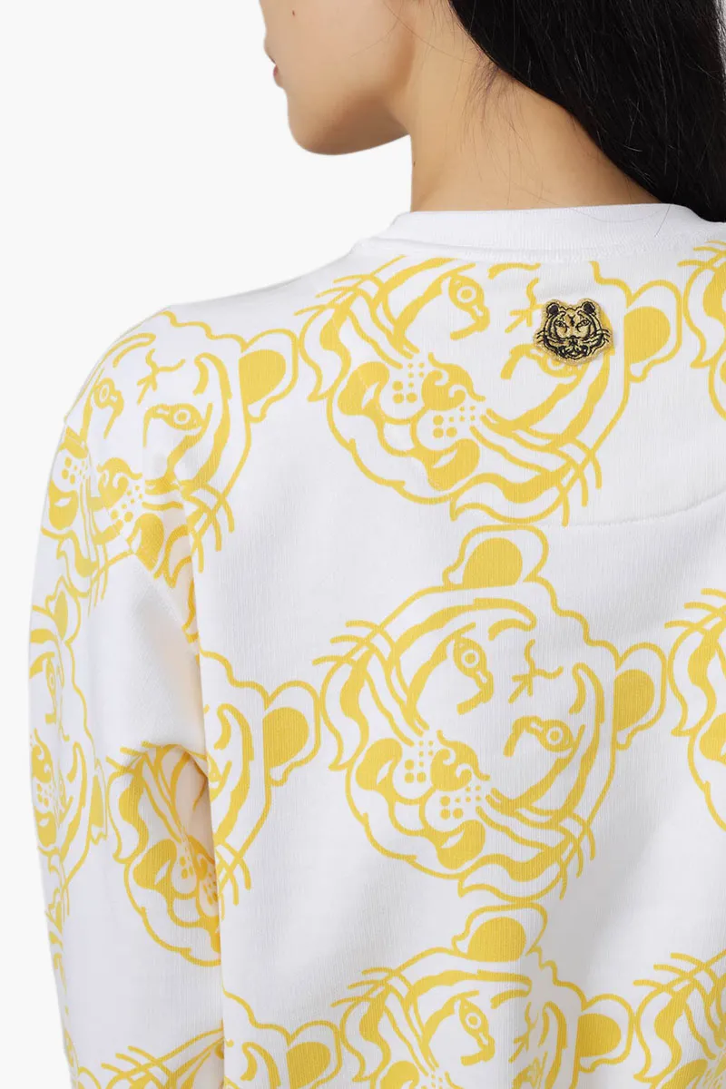 KENZO Women All-Over K-Tiger Monogram Sweatshirt in White/Yellow with 3D Logo 3