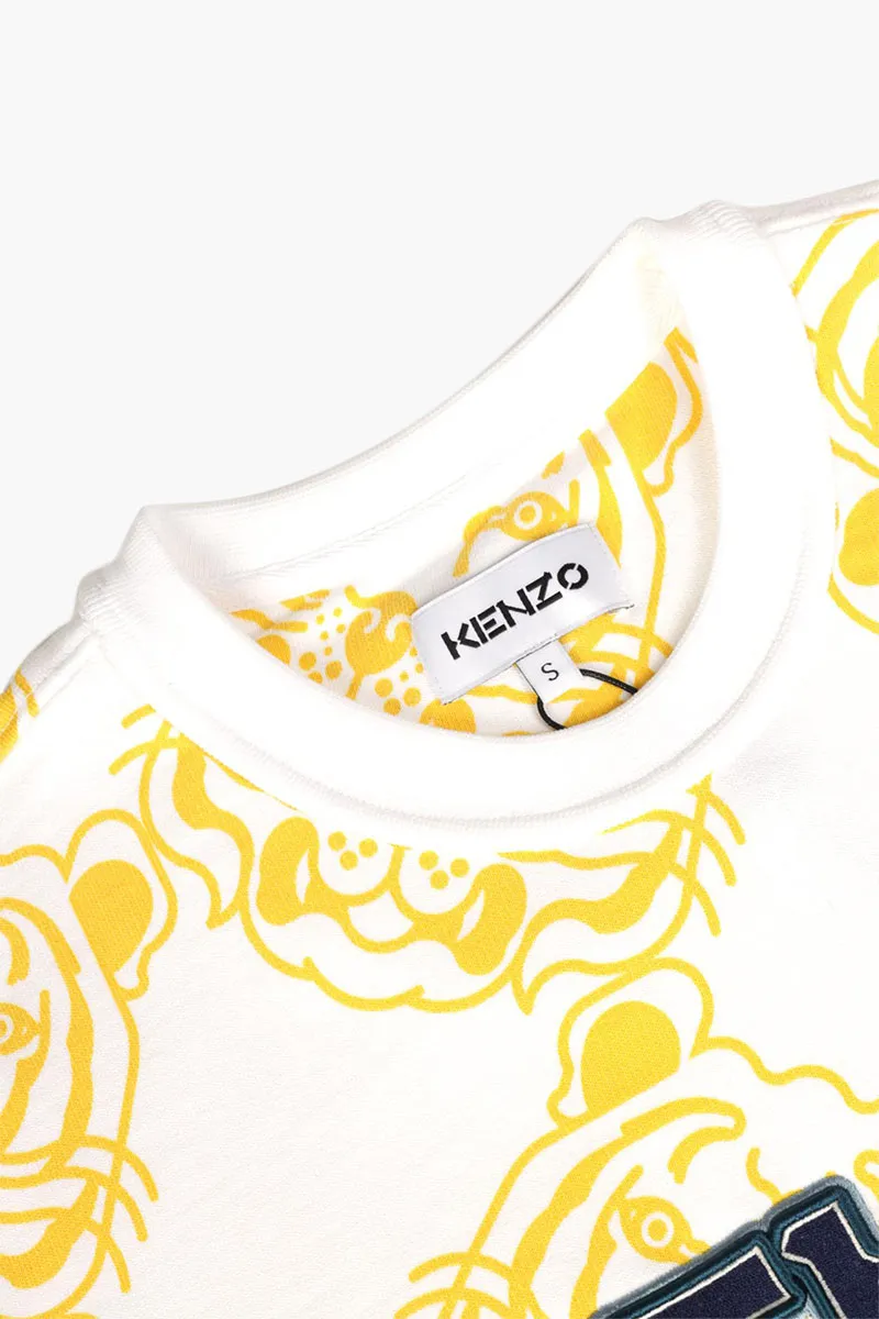 KENZO Women All-Over K-Tiger Monogram Sweatshirt in White/Yellow with 3D Logo 4