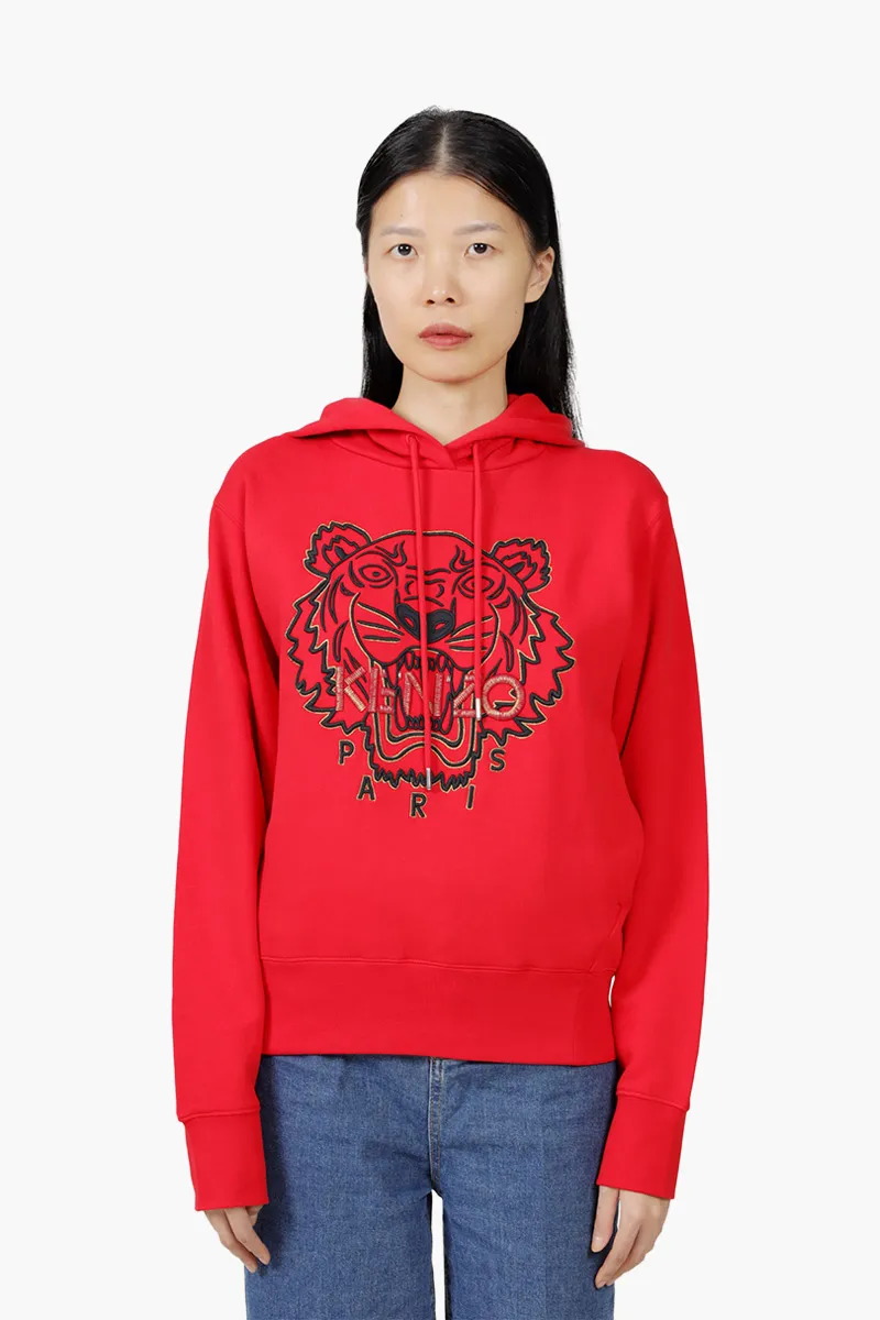 KENZO Women Embroidered Tiger 'The Year of The Tiger Capsule' Sweatshirt in Medium Red with Hoodie 0
