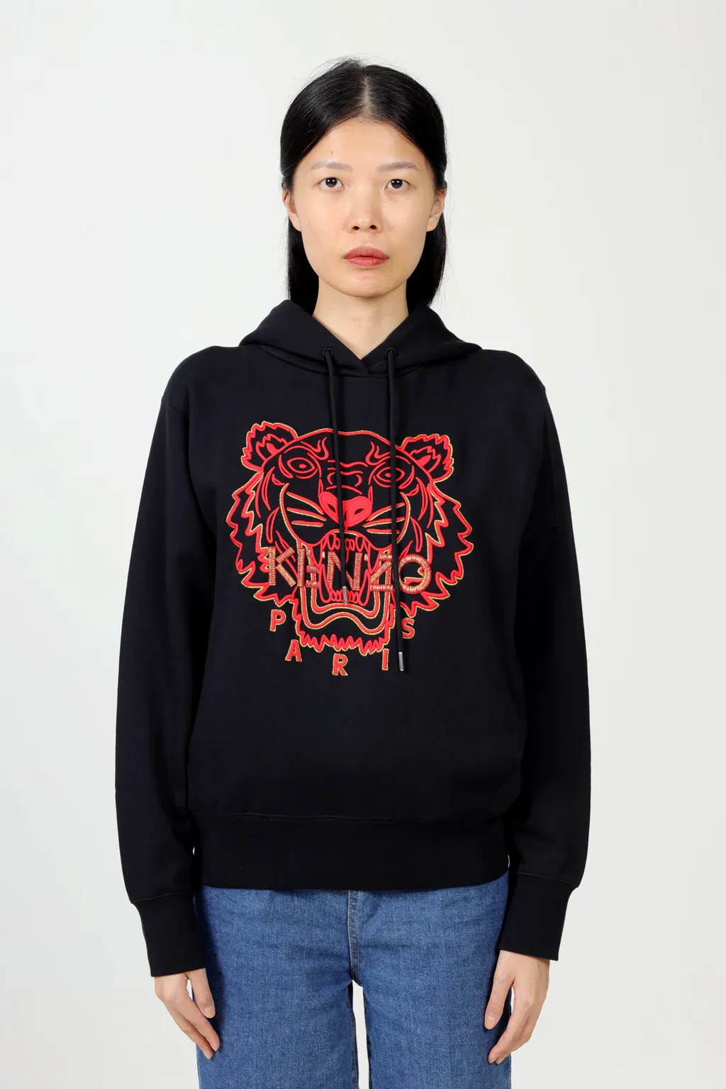 KENZO Women Embroidered Tiger 'The Year of The Tiger Capsule' Sweatshirt in Black/Red with Hoodie 1