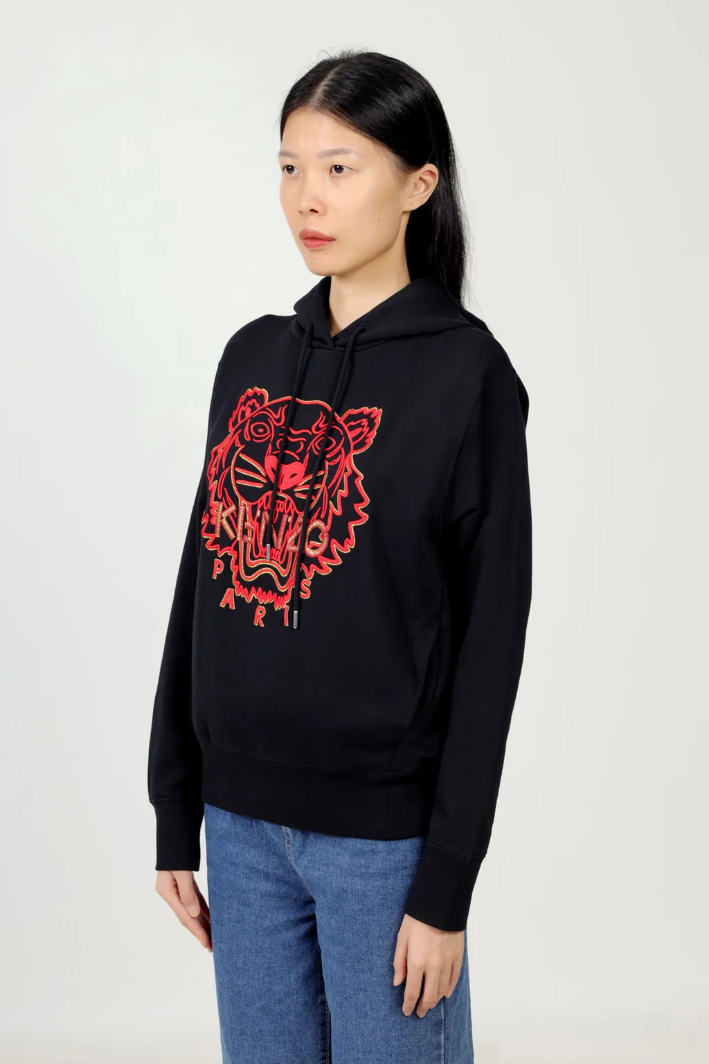KENZO Women Embroidered Tiger 'The Year of The Tiger Capsule' Sweatshirt in Black/Red with Hoodie 3