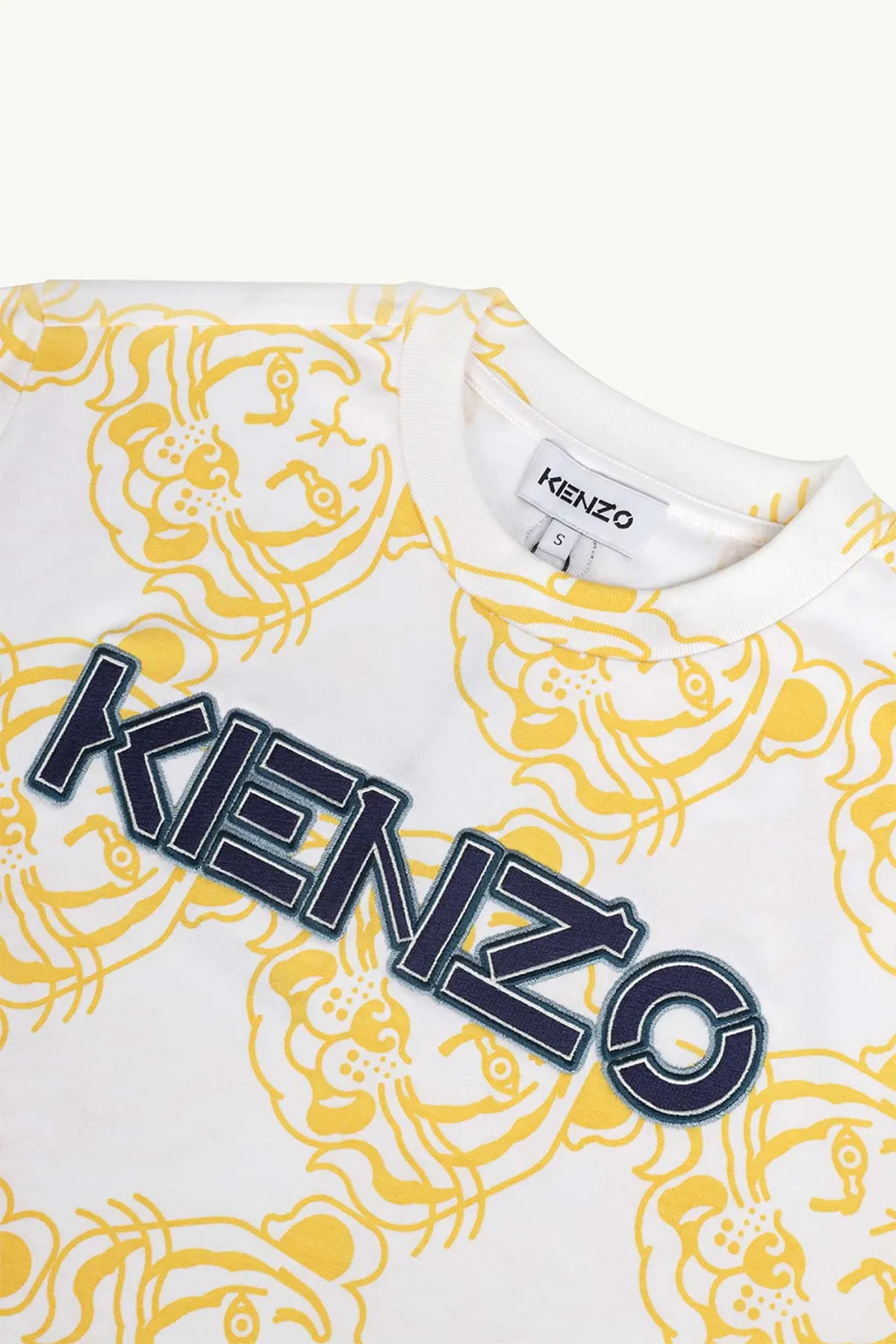 KENZO Women All-Over K-Tiger Monogram Loose Fit T-Shirt in White/Yellow with 3D Logo 2