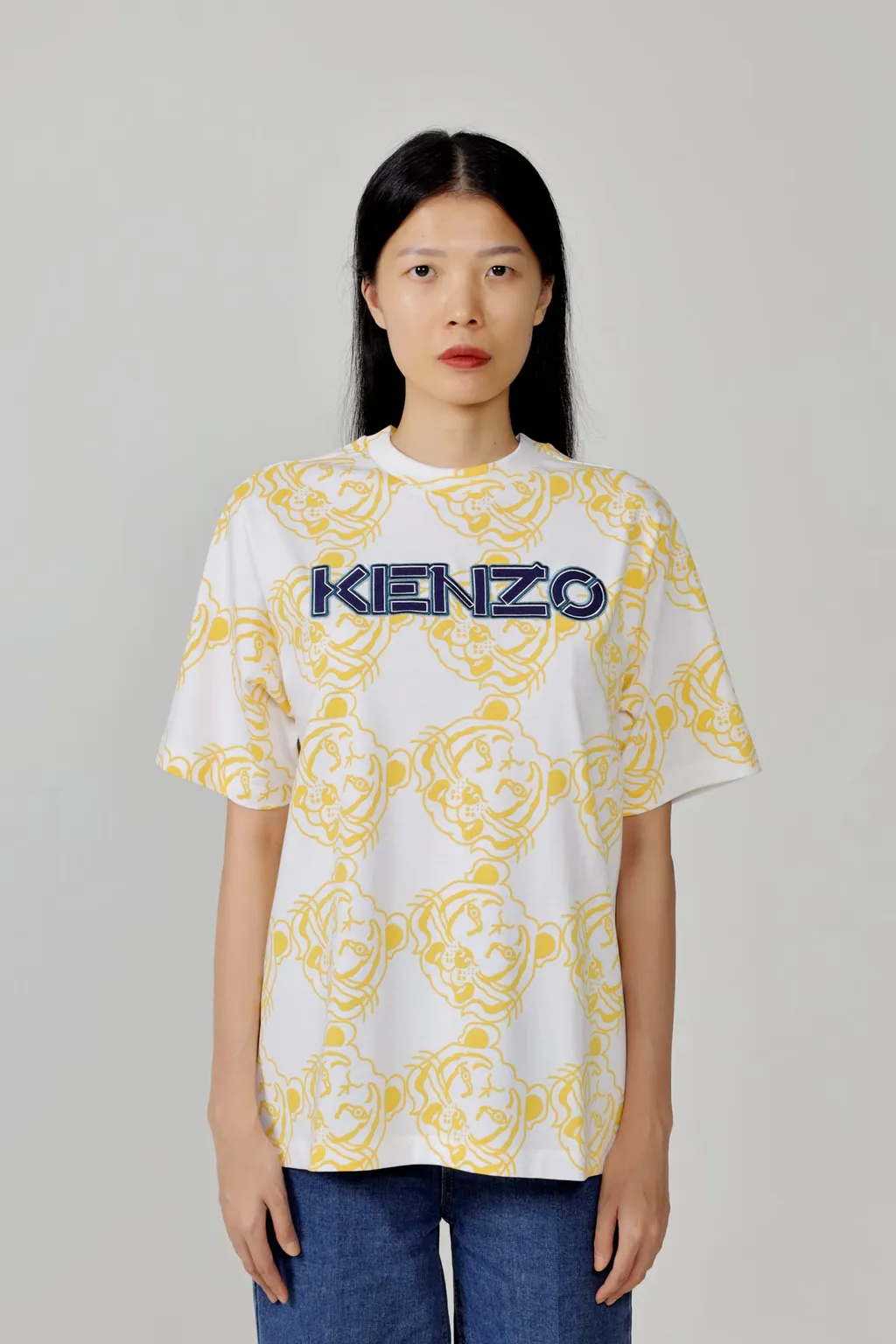 KENZO Women All-Over K-Tiger Monogram Loose Fit T-Shirt in White/Yellow with 3D Logo 4