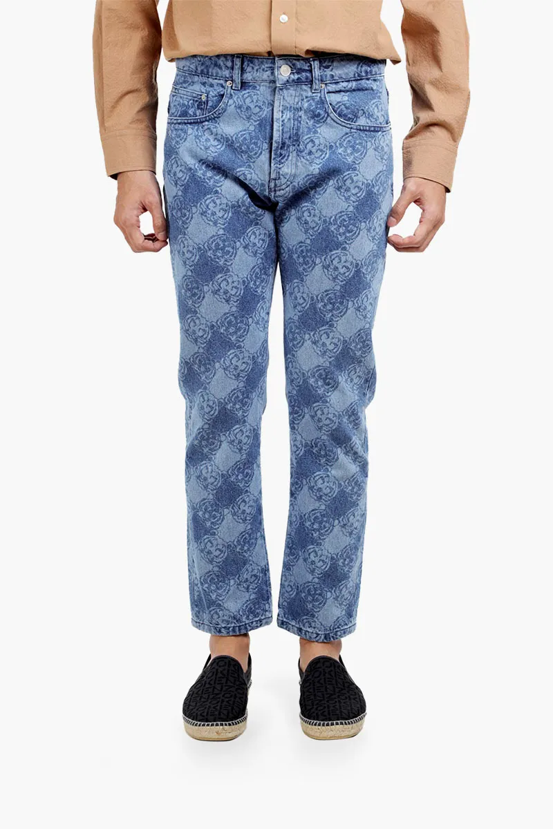 KENZO Men All-Over K-Tiger Monogram Cropped Tapered Jeans in Navy Blue 0