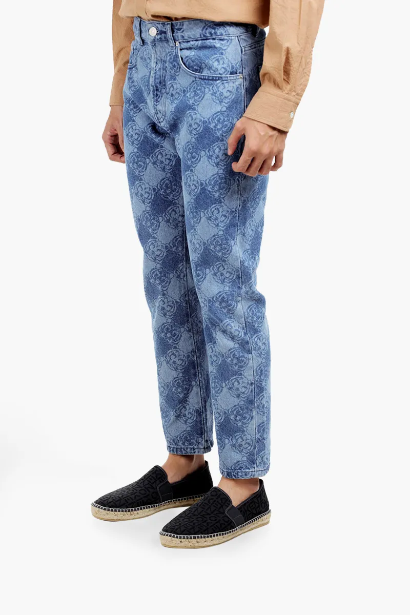 KENZO Men All-Over K-Tiger Monogram Cropped Tapered Jeans in Navy Blue 2