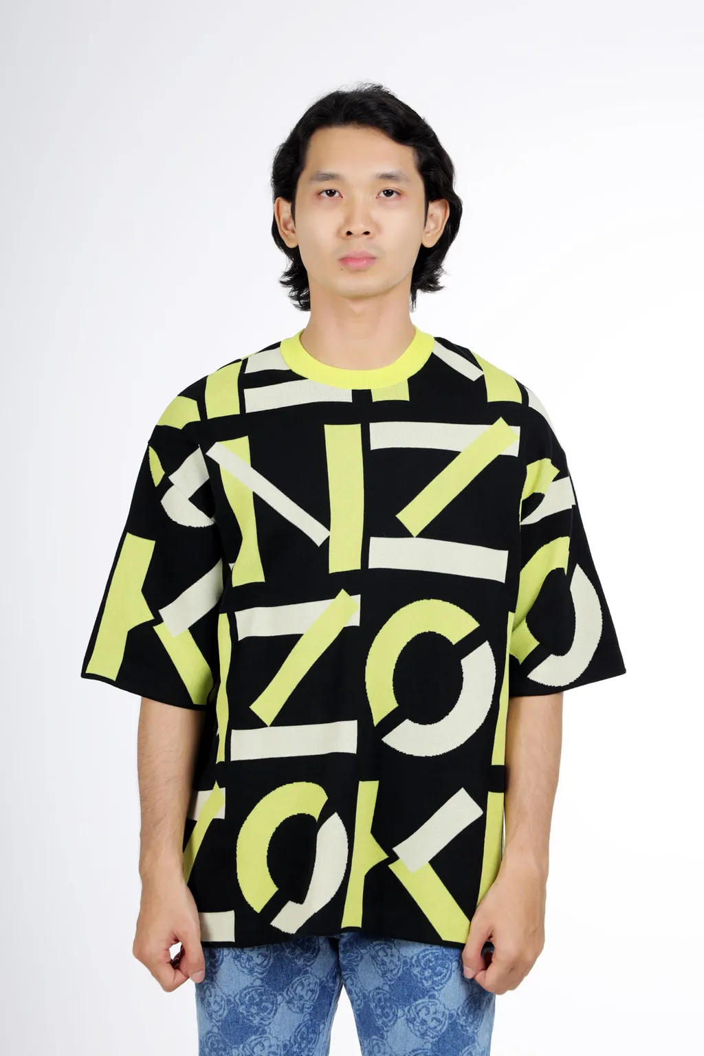 KENZO Men Monogram All Over Maxi Logo Oversized T-Shirt in Black/Yellow 4