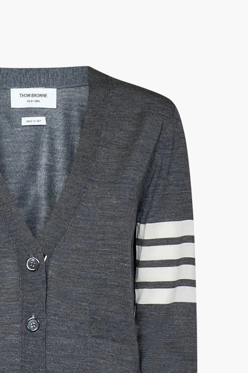 THOM BROWNE Women 4-Bar V-Neck Cardigan in Med Grey Merino Wool 2