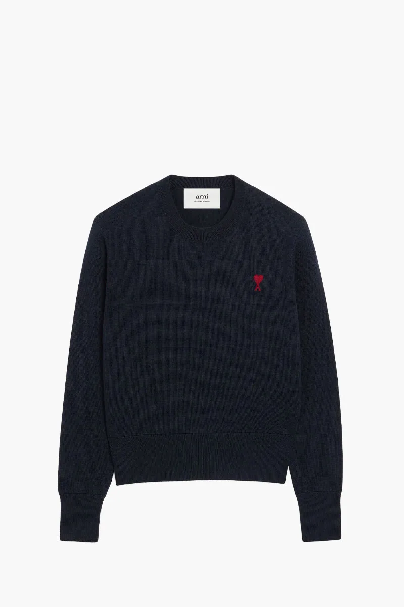 AMI Woman De Coeur Crewneck Sweater in Navy/Red Wool 0
