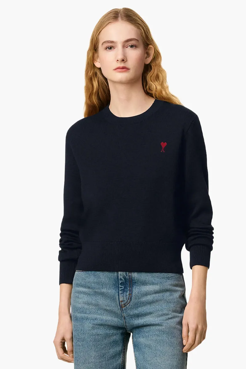 AMI Woman De Coeur Crewneck Sweater in Navy/Red Wool 1