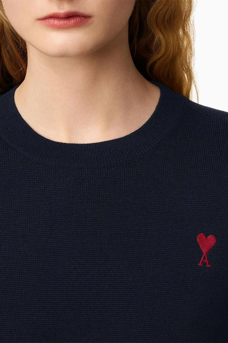 AMI Woman De Coeur Crewneck Sweater in Navy/Red Wool 3
