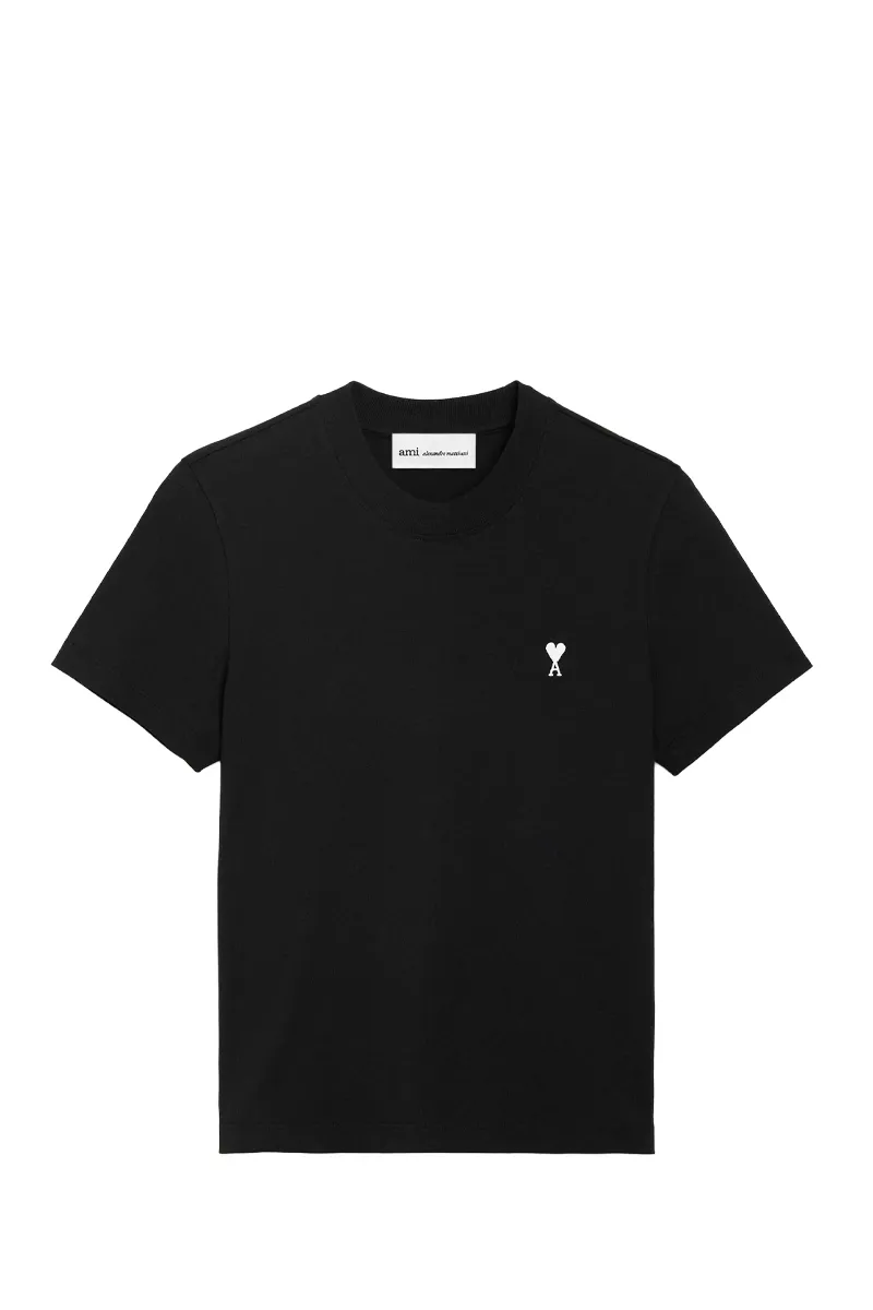 AMI Women Ami De Coeur Cropped T-Shirt in Black/White Cream Cotton 0