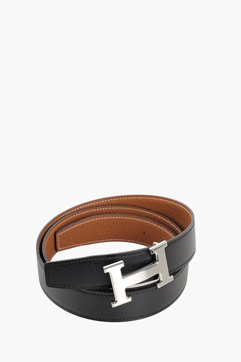 HERMÈS Reversible H Buckle Belt 32mm in Black/Gold Togo Calfskin PHW 1